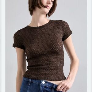 NWT FRAME Mesh Lace Baby Tee in Chocolate Brown XS $158